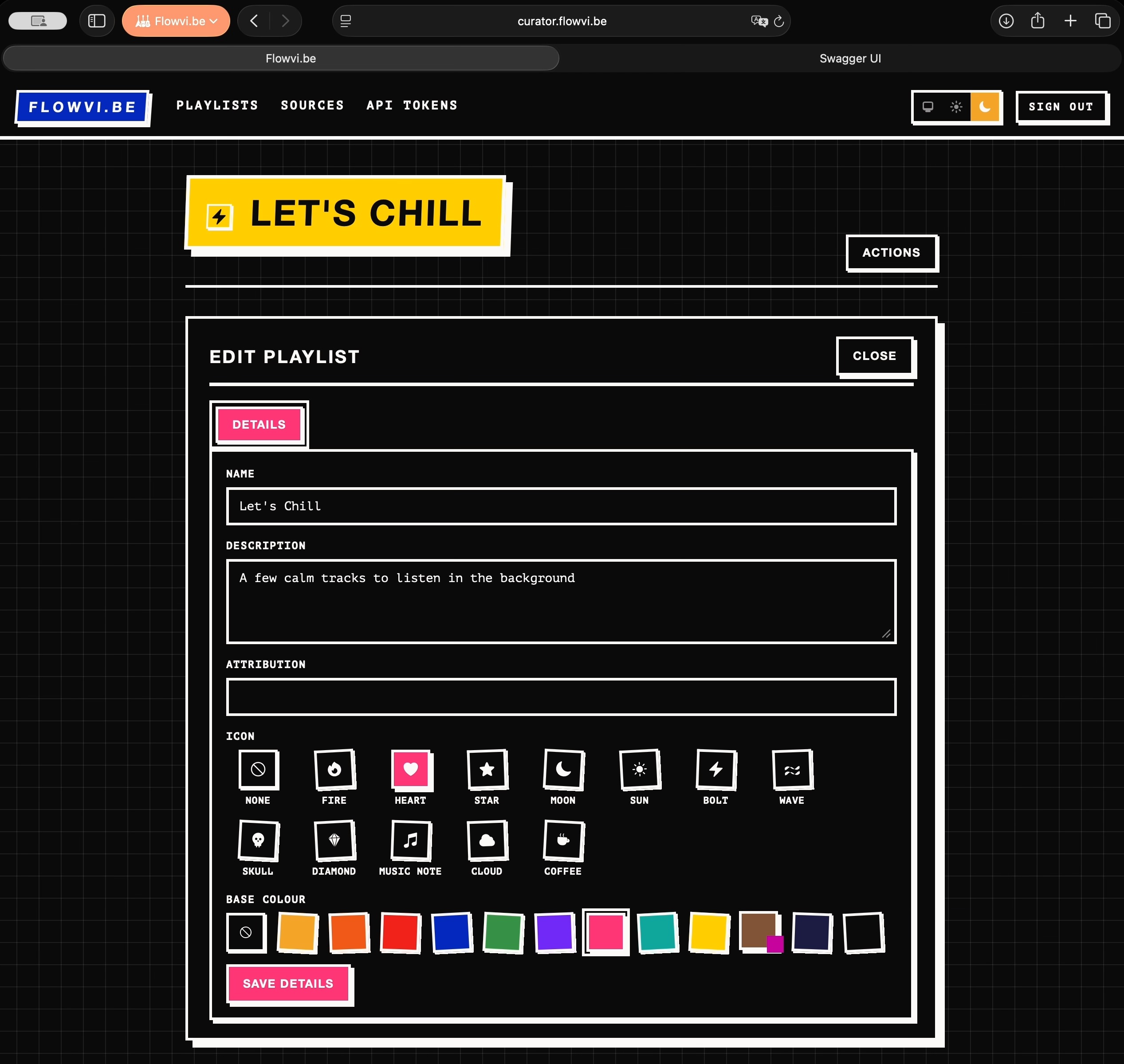 Screenshot of the Curator portal showing controls for editing a playlist title, description, colour and assets